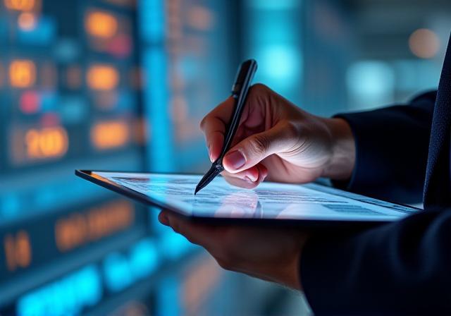 Close up of a logistics service agreement being signed on a digital tablet